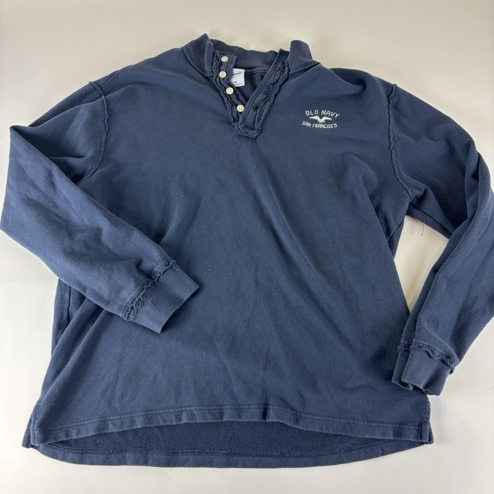 Vintage Old Navy Henley Shirt Mens XL Blue‎ Long Sleeve Distressed Mockneck